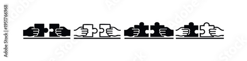 Hands interlocking two puzzle pieces icon set, representing unity and problem-solving.
