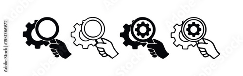 Hand Holding Magnifying Glass over Gear Icon Set. Vector glyph symbols for technical analysis and inspection.