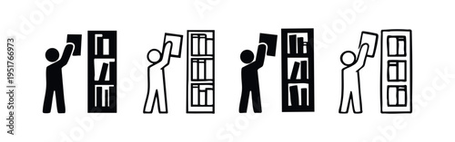 Person with Book and Bookshelf Icon Set. Vector glyph symbols for library, reading, study, and knowledge.