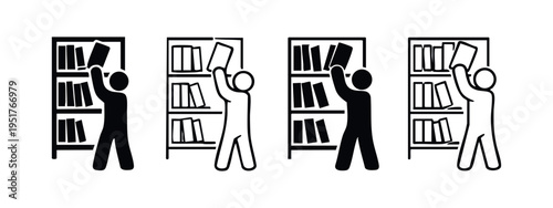 Person Organizing Bookshelf Icon Set. Vector glyph symbols for library, education, and literary collection.
