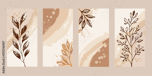 Four vertical panels with botanical illustrations and abstract beige backgrounds