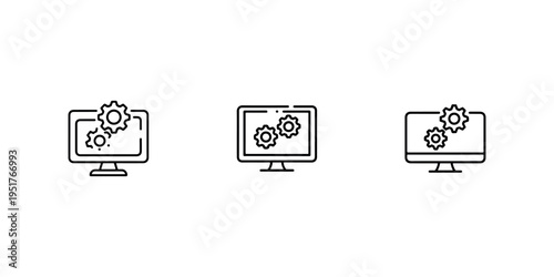 Three outline icons of computer monitors with gears suggesting system settings, development process and technical operations