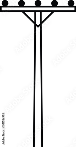 Minimalist black and white electric utility pole icon with crossarm and five insulators isolated on white background for industrial design