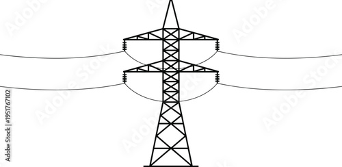 High Voltage Electric Transmission Tower with Power Lines Line Art Illustration, Pylon Vector Icon, Industrial Energy Infrastructure, Electrical Grid Network Design