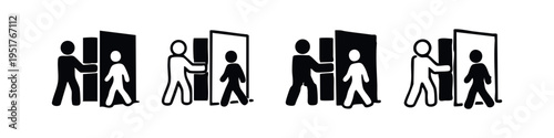 Man Pushing Another Person Through a Door Icon Set. Forcing Entry or Assisting Passage Concept. Difficult Threshold.