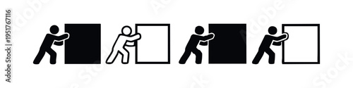 Man Pushing a Block Icon Set. Overcoming Obstacles and Challenges Concept. Effort and Determination Symbol.