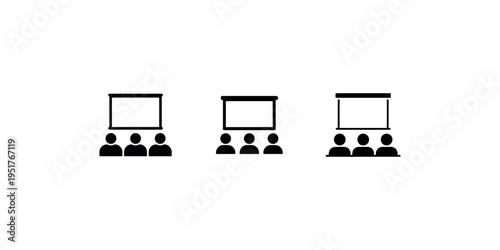 Business presentation icon set, audience at conference, people watching screen, public speaking, seminar and training vector