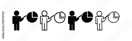 Person Presenting a Pie Chart Icon Set. Data Analysis and Financial Breakdown Concept. Marketing Statistics Report Symbol.