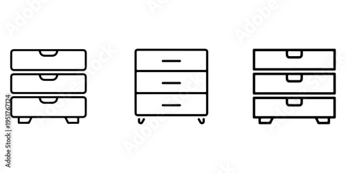 Set of three drawer cabinet icons in outline style with different leg styles representing storage furniture and organization solutions