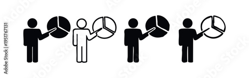 Man Analyzing a Pie Chart Icon Set. Data Breakdown and Market Share Presentation. Business Statistics and Report Symbol.