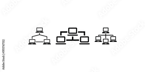 Simple network diagrams with computers connected in different configurations representing technology and communication concepts icons