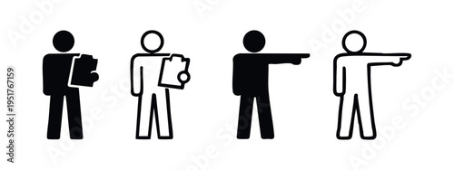 Stick figures holding a clipboard and pointing direction icon set. Task management and guidance concept.