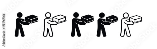 Stick figures holding a box in front of them icon set. Delivery, shipping, and logistics concept.