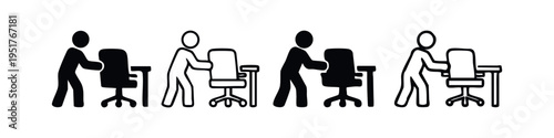 Stick figures relocating or arranging an office chair icon set. Workspace organization concept.