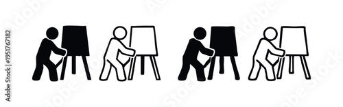 Stick figures painting or creating art at an easel icon set. Creative hobby and artist at work concept.