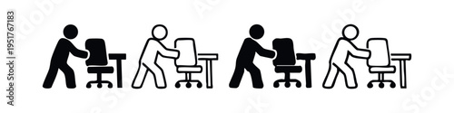 Stick figures moving an office chair at a desk icon set. Workplace setup and rearrangement concept.