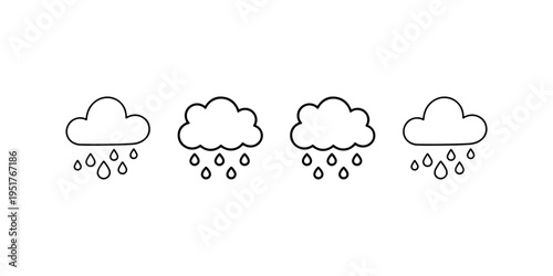 Rain cloud icon set showing weather symbols with raindrops falling vector illustration of different cloud shapes and water drops for meteorology design