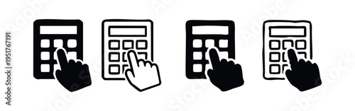 Hand pressing button on a calculator icon set. Financial calculation and accounting concept.