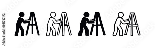 Stick figures interacting with or setting up an A-frame easel icon set. Art display and preparation.