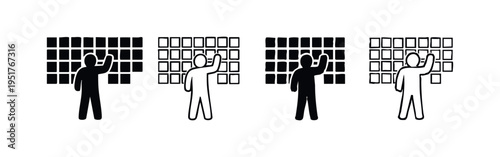 Voting and Selection Wall Icons Set, Person Raising Hand Towards a Grid of Squares, Glyph and Outline Vector Art