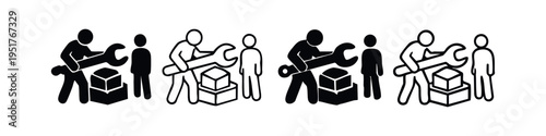 Repair and Maintenance Service Icons Set, Mechanic with Wrench and Box, Technical Support Glyph and Outline Vector Art