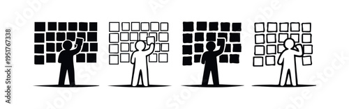 Voting and Selection Process Icons Set, Person Interacting with a Wall of Squares, Glyph and Outline Vector Art