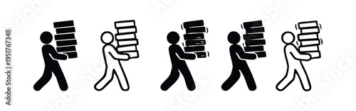 Person walking while carrying a heavy stack of books or documents icon set. Moving workload or educational progress vector illustration.