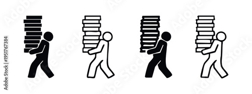 Person carrying a heavy stack of books or documents icon set. Workload, education, and information burden vector illustration.