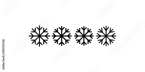 Set of four black snowflake icons, representing winter, cold weather, or frozen temperature, simple graphic design vector illustration