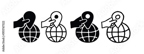 Hand Placing Location Pin on Globe Icon Set - Global Positioning and Travel Symbols