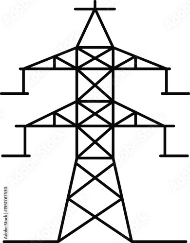 High voltage electric transmission tower pylon outline icon, power grid utility infrastructure engineering, energy supply industrial flat vector illustration silhouette.