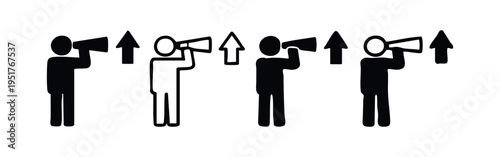 Person with Megaphone and Upward Arrow Icon Set - Promotion and Growth Symbols
