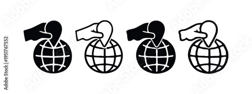 Hand Holding Location Pin Over Globe Icon Set - Global Map and Positioning Symbols