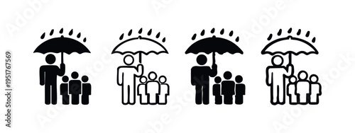 Family protection and insurance icon set. Person with umbrella shielding a group from rain. Safety and care concept vector.
