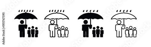 Family protection and insurance icon set. Person with umbrella shielding a group from rain. Safety and care concept vector.