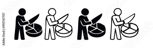 Person cutting a pie chart with a knife icons. Data division, allocation, and business segmentation concept vector illustration.