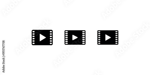Video player icon set featuring film strip frame with play button symbol for multimedia content streaming cinema industry digital entertainment website