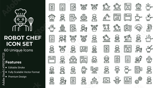 Robot chef icon set with smart kitchen cooking automation technology symbols for mobile apps websites dashboards and digital platforms