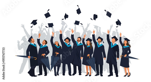 Graduates celebrating with tossed mortarboards.