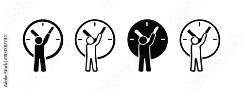 Time management, deadline, or work completed concept icon set with person as clock hands.