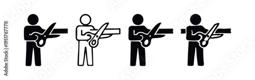 Person cutting material with large scissors icon set, representing DIY, crafts, or breaking tasks.