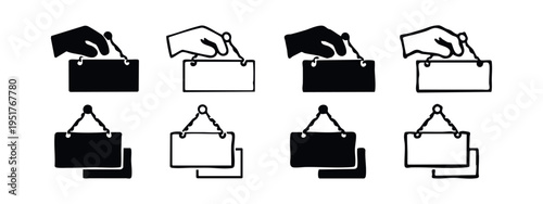 Blank hanging sign and hand holding sign icon set for custom messages or information display.