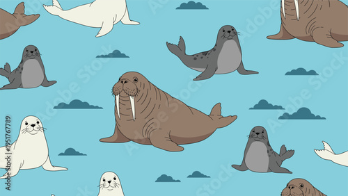 Seamless pattern displays various cute cartoon seals and walruses in grey, white, and brown colors over a light blue background with small clouds.
