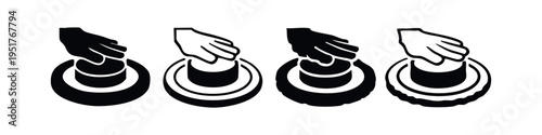 Hand using a plunger icon set for plumbing, unclogging, or problem-solving concepts.