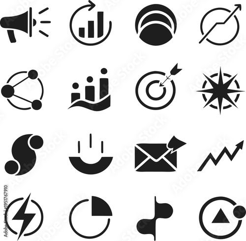 A collection of sixteen diverse black and white digital icons for business and interface design