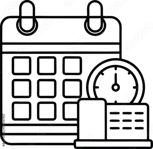 A black and white line art illustration showing a calendar combined with a clock and a desk phone