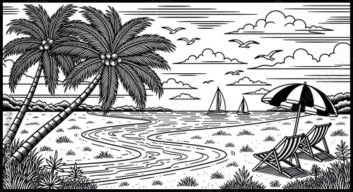 Tropical beach landscape illustration with palm trees, deck chairs, sun umbrella, sailboats, seagulls, and ocean waves in vintage engraving  