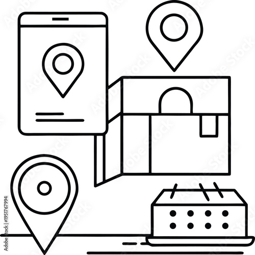 Black and white line art illustration representing digital logistics and package tracking services