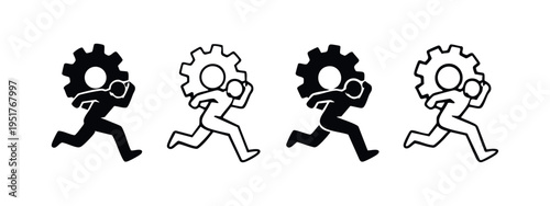 Man Running with Gear Head Icon Set. Symbolizing system efficiency, progress, and mechanical operation.