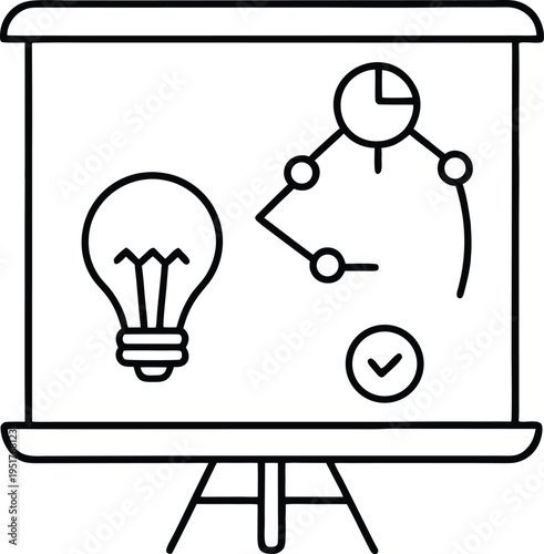 A black and white line art illustration of a presentation board with business idea icons displayed